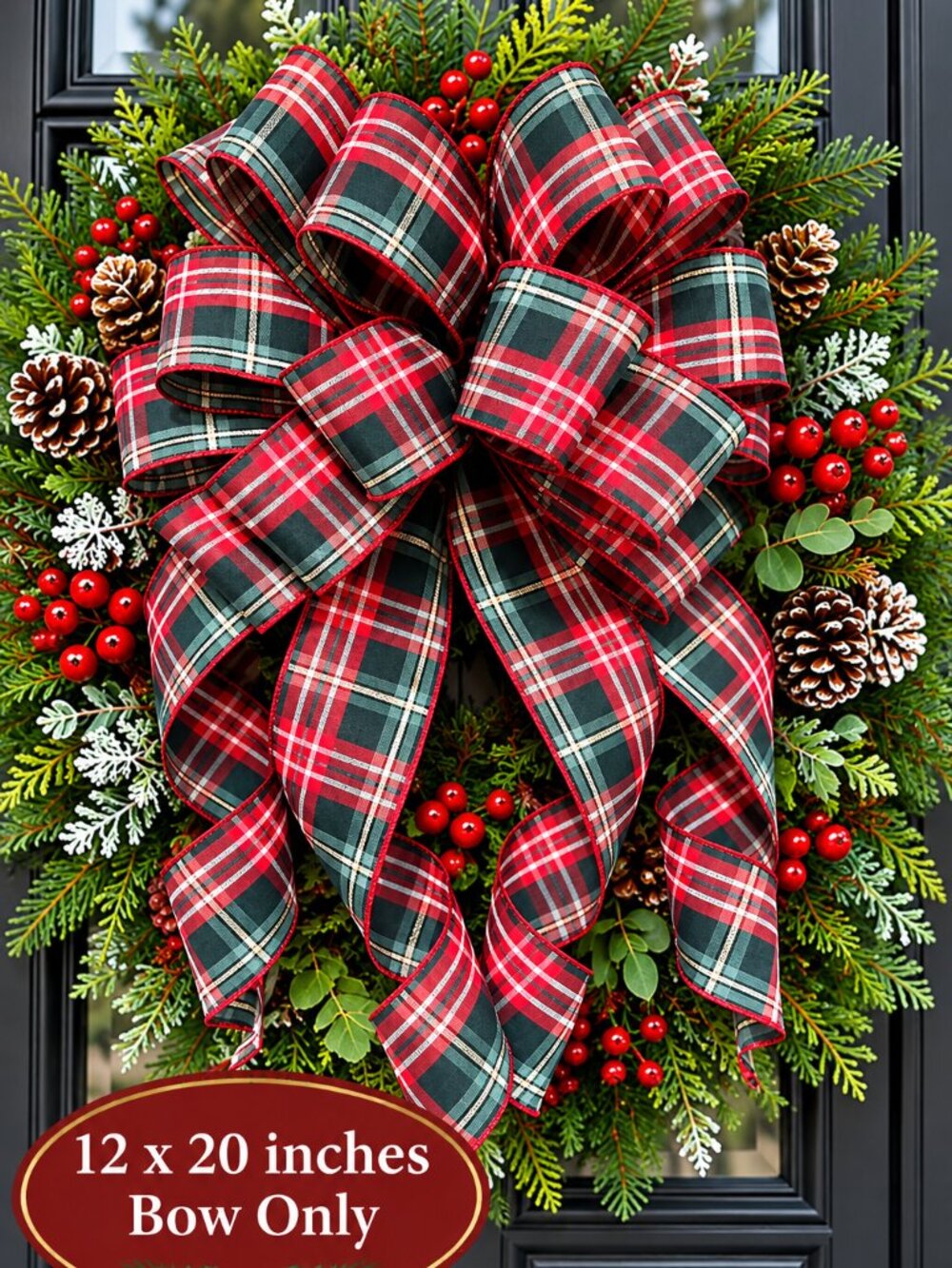 XL Red Green Plaid Christmas Bow, Traditional Tartan Wreath Bow, Large Christmas
